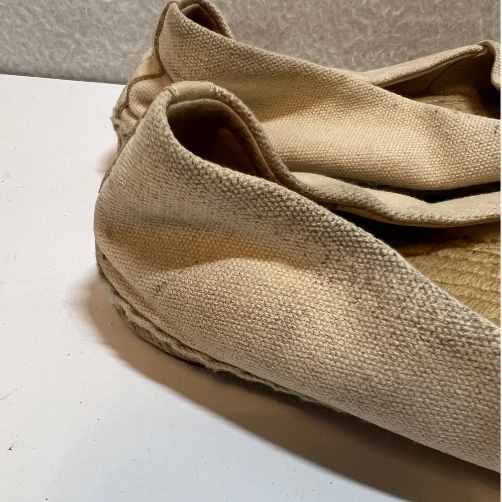 Tory Burch Espadrille Flats Black Toe Cap Beige Canvas Slip On Shoes‎ Size 8.5